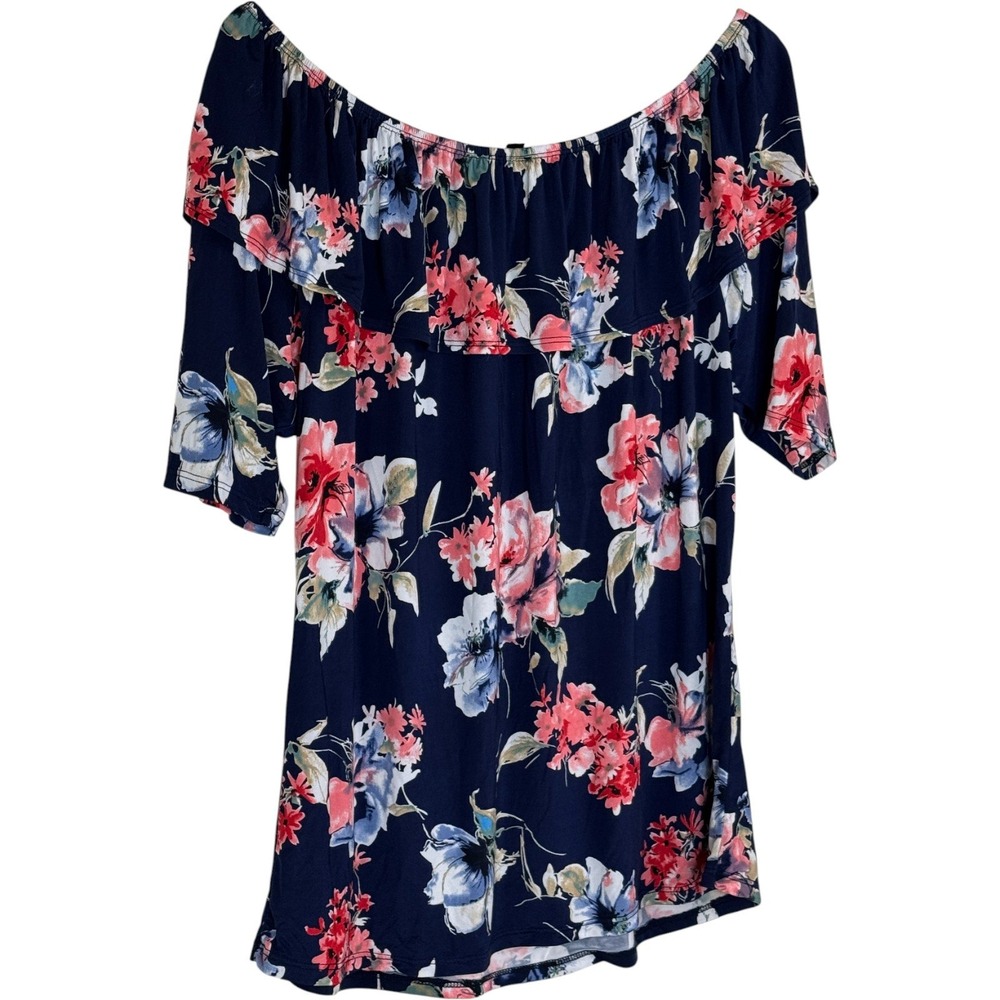 Banabee Womens Off Shoulder Floral Ruffle Top Navy Pink Blue Short Sleeve Size M - Picture 9 of 12